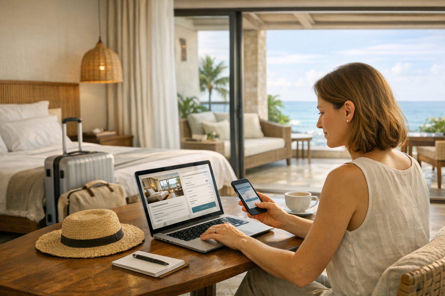 Traveler completing a direct hotel booking on a laptop and phone inside a resort suite