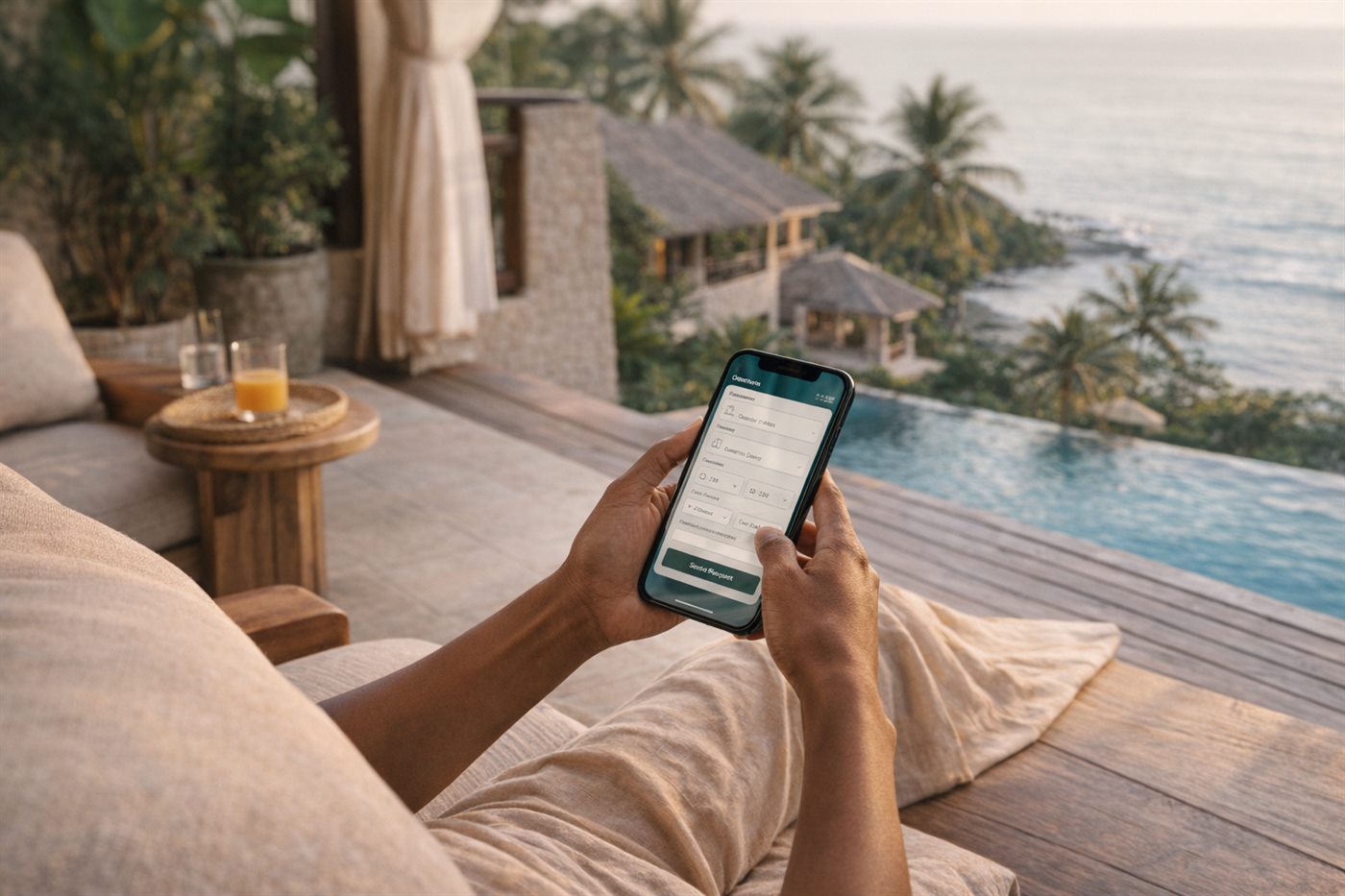 Traveler using a smartphone to send a direct hotel booking enquiry