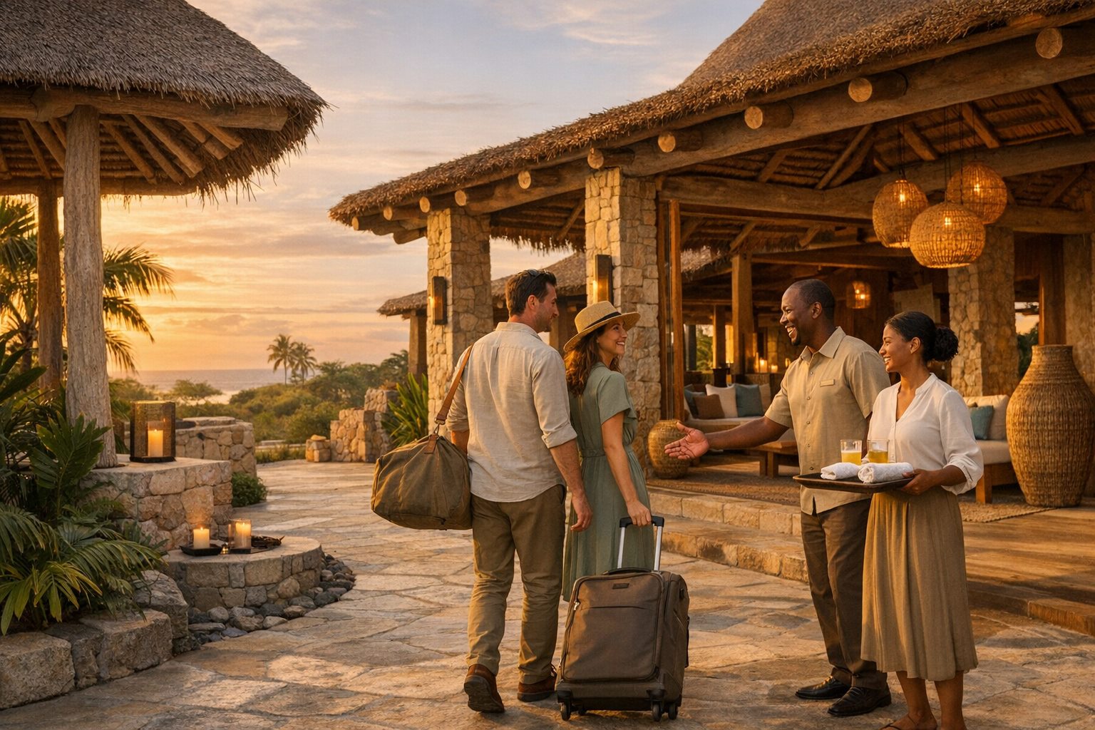Warm boutique resort arrival scene with guests being welcomed at sunset