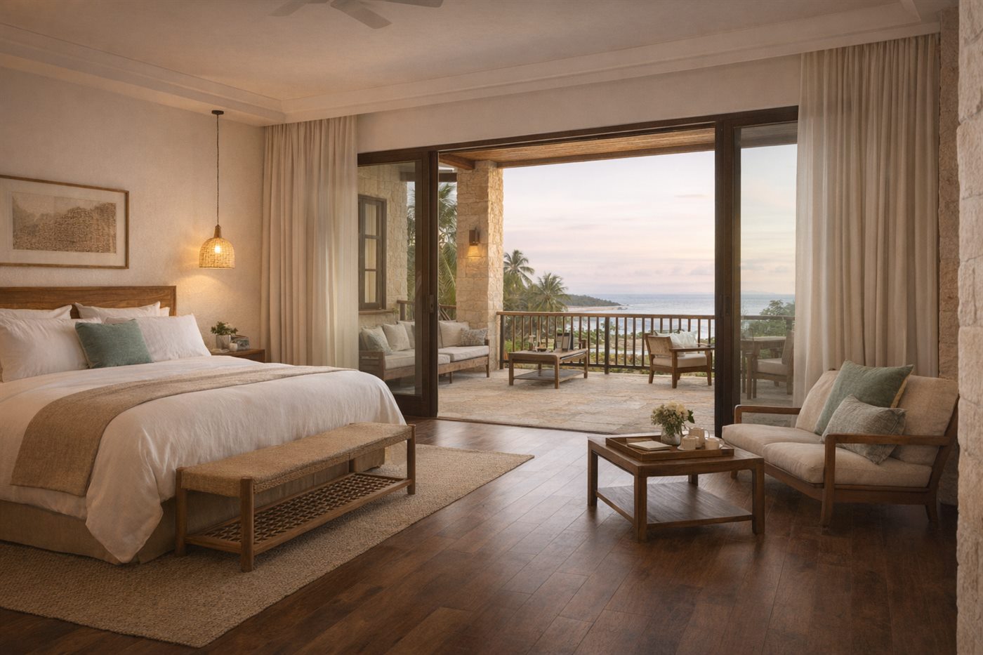 Premium resort suite interior with ocean-view balcony